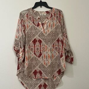 Cato Neutral Geometric V-Neck Blouse with Red & Orange Accents, Size L